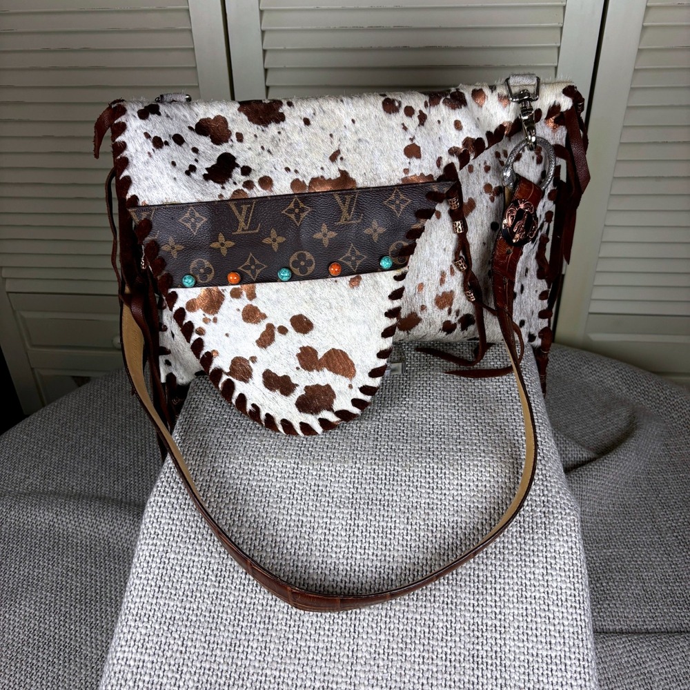 Western Luxe Brown White Cowhide Hair-On Messenger Bag Upcycled Crossbody Purse